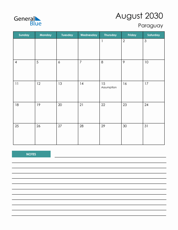 Calendar with Notes Printable - Sunday Start