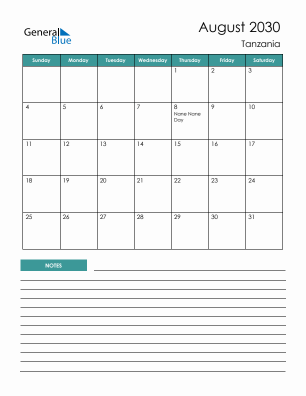 Calendar with Notes Printable - Sunday Start