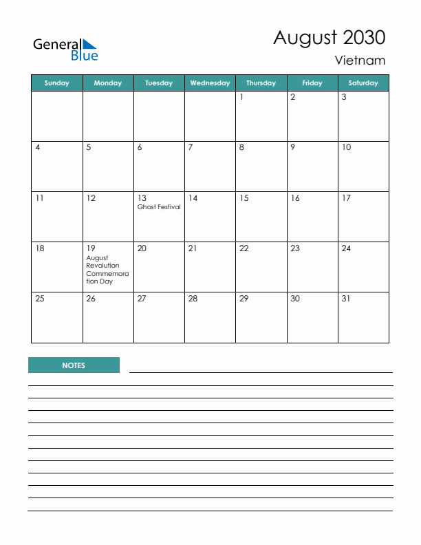 Calendar with Notes Printable - Sunday Start