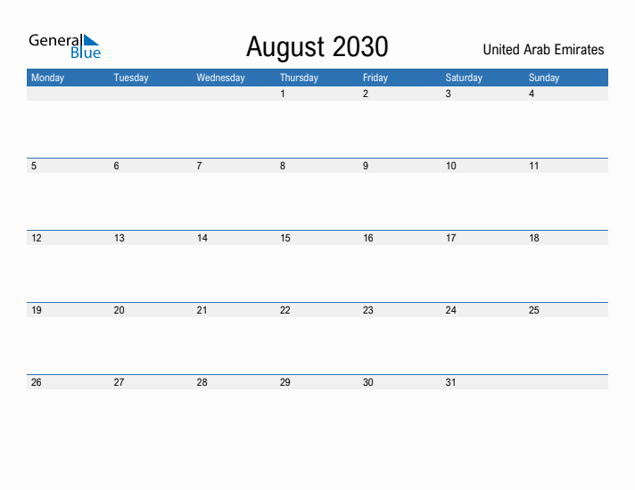 Fillable August 2030 Calendar