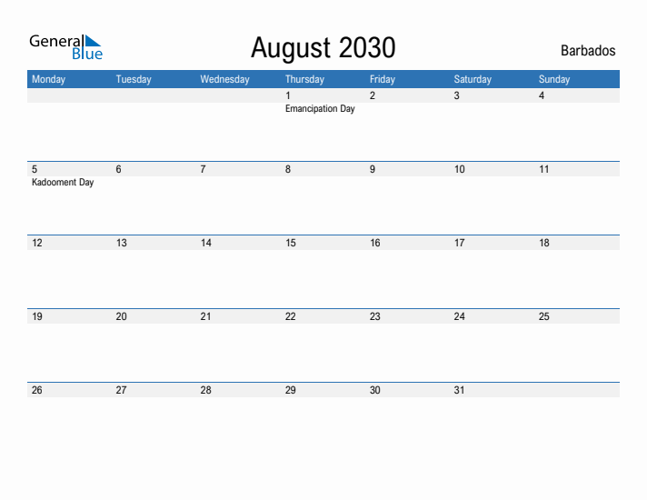 Fillable August 2030 Calendar