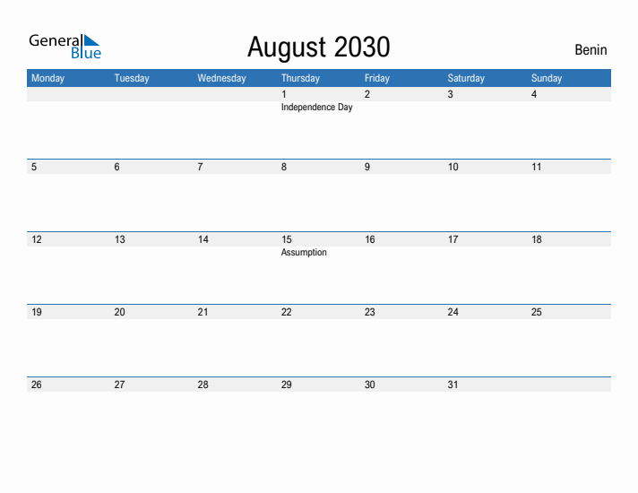 Fillable August 2030 Calendar