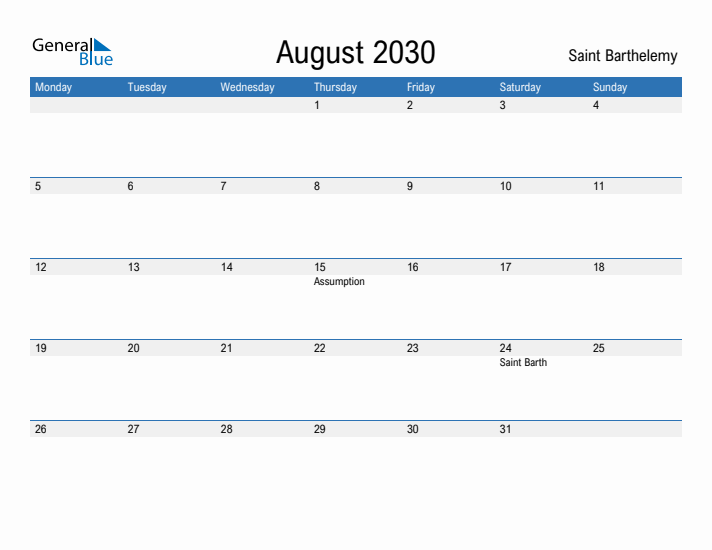 Fillable August 2030 Calendar