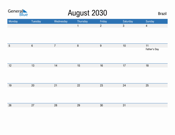 Fillable August 2030 Calendar