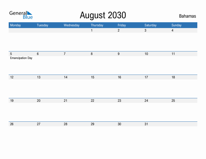 Fillable August 2030 Calendar