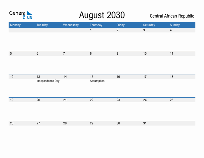 Fillable August 2030 Calendar