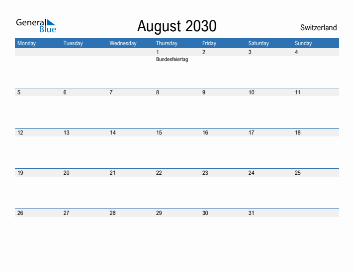 Fillable August 2030 Calendar