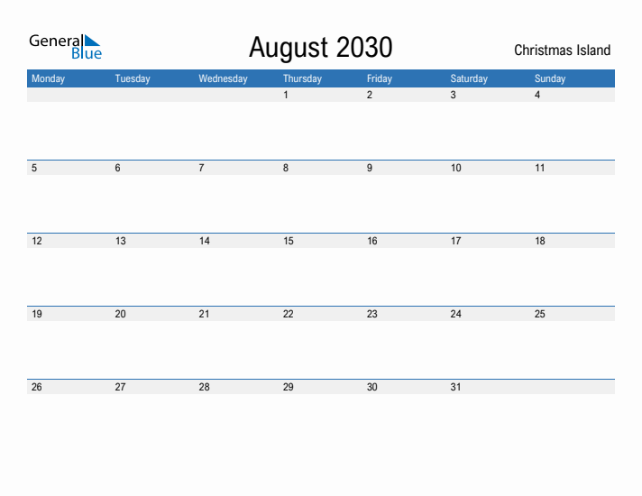 Fillable August 2030 Calendar