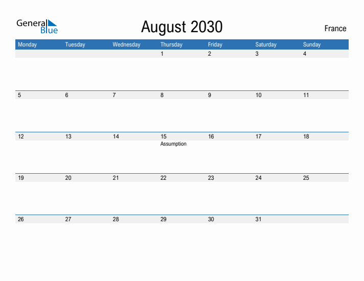 Fillable August 2030 Calendar