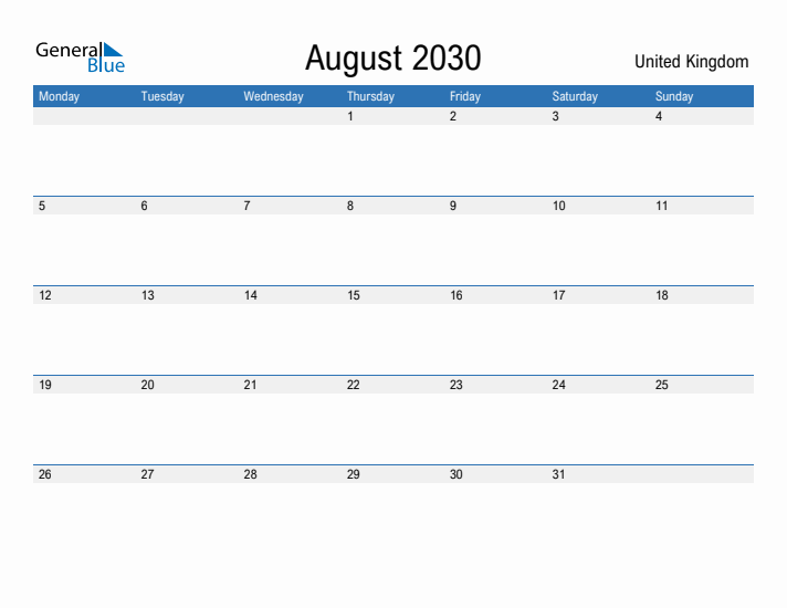 Fillable August 2030 Calendar