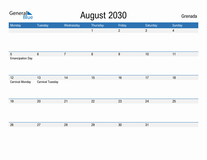 Fillable August 2030 Calendar