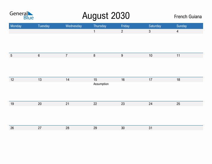 Fillable August 2030 Calendar