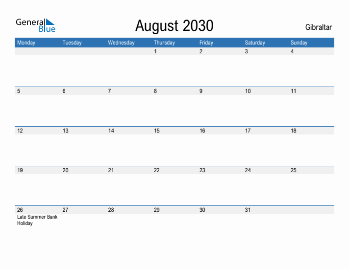 Fillable August 2030 Calendar