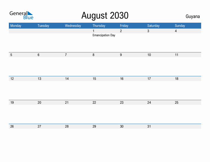 Fillable August 2030 Calendar