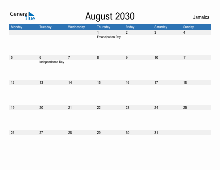 Fillable August 2030 Calendar