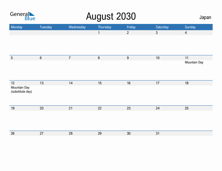 Fillable August 2030 Calendar