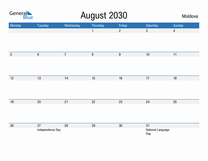 Fillable August 2030 Calendar