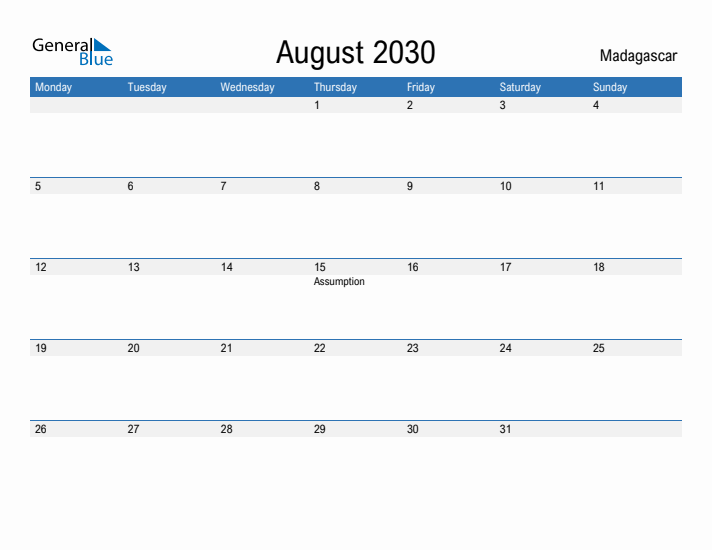 Fillable August 2030 Calendar