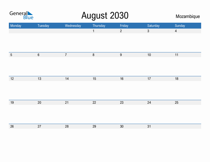 Fillable August 2030 Calendar