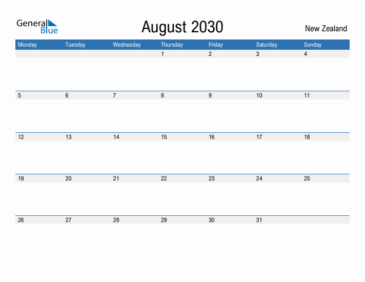 Fillable August 2030 Calendar