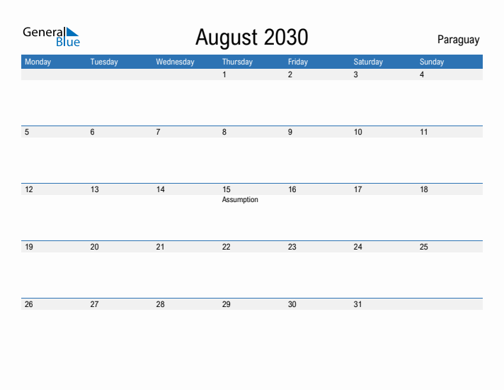 Fillable August 2030 Calendar