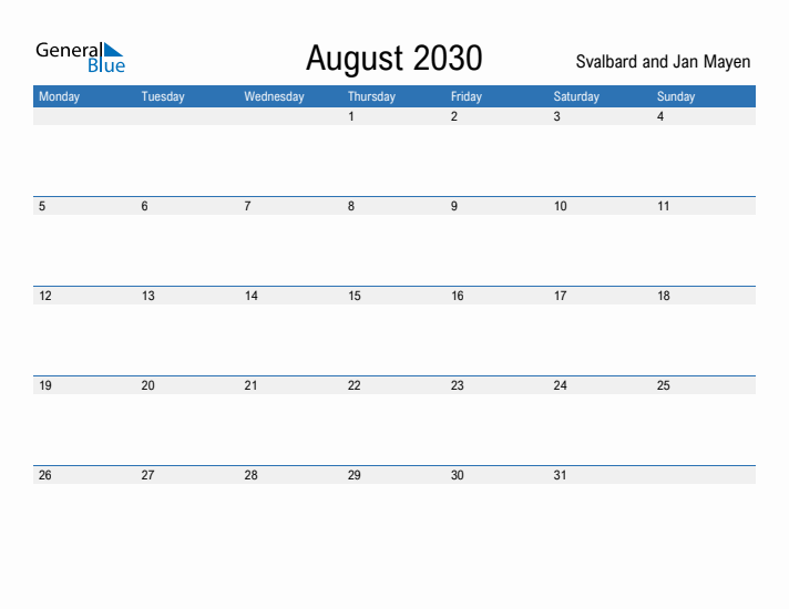 Fillable August 2030 Calendar