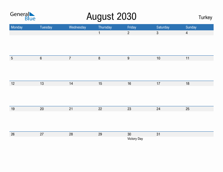 Fillable August 2030 Calendar