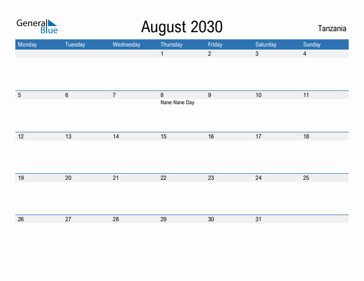 Fillable August 2030 Calendar