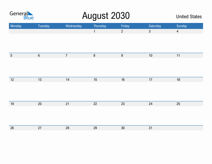 Fillable August 2030 Calendar