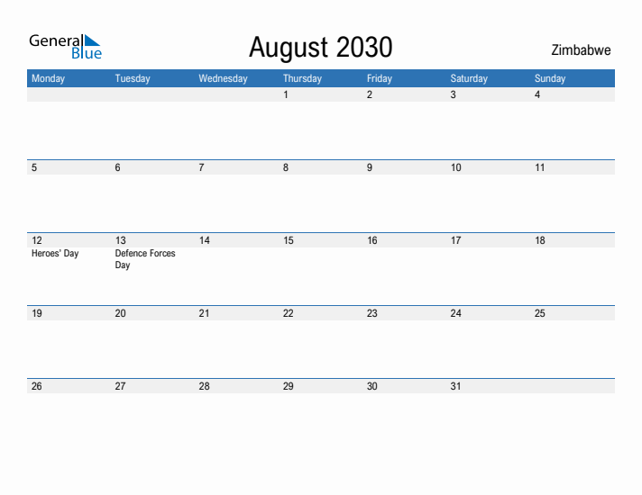 Fillable August 2030 Calendar