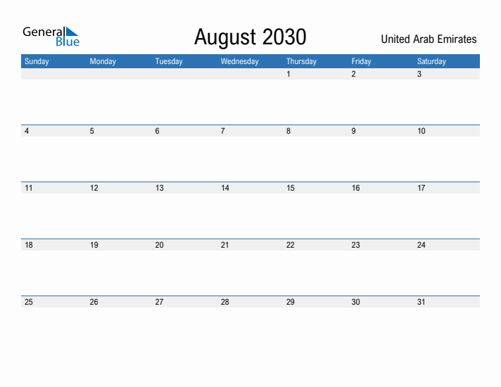 Fillable August 2030 Calendar