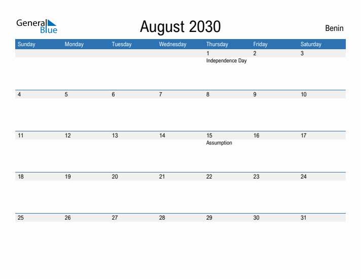 Fillable August 2030 Calendar