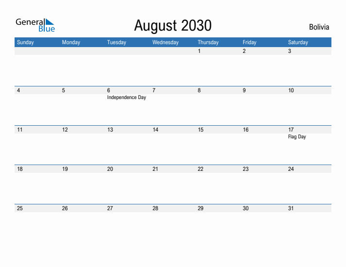 Fillable August 2030 Calendar