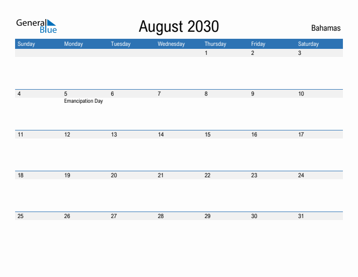 Fillable August 2030 Calendar