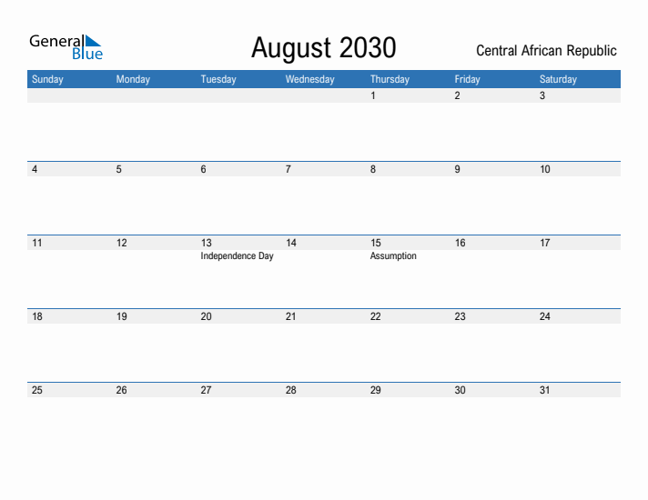 Fillable August 2030 Calendar