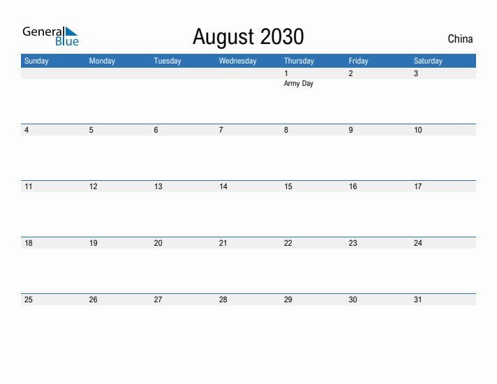 Fillable August 2030 Calendar