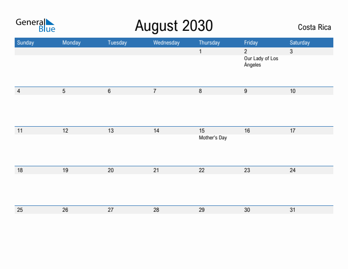 Fillable August 2030 Calendar