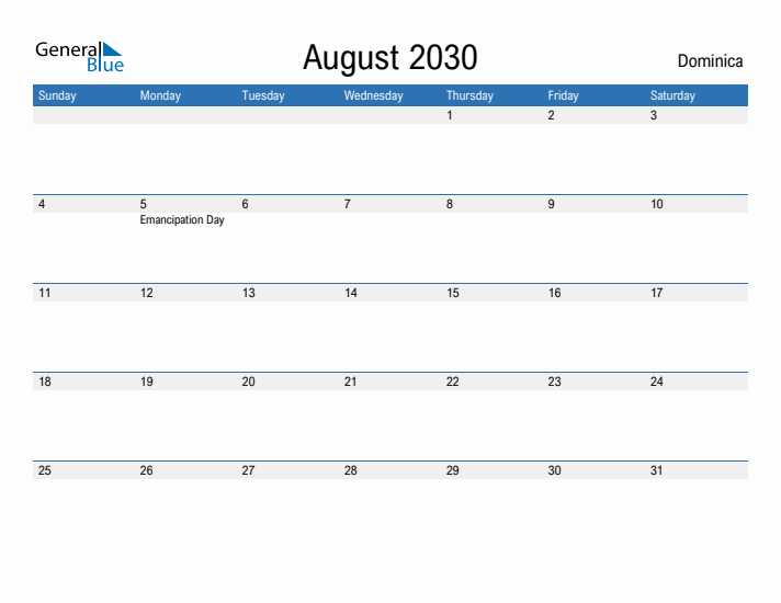 Fillable August 2030 Calendar