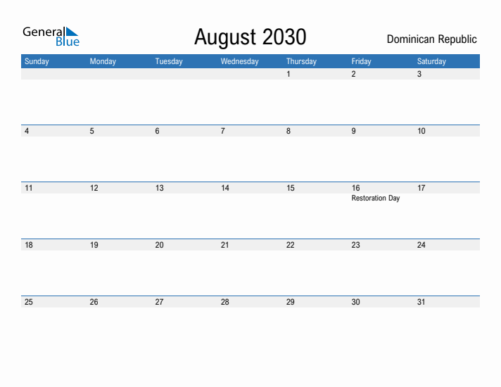 Fillable August 2030 Calendar