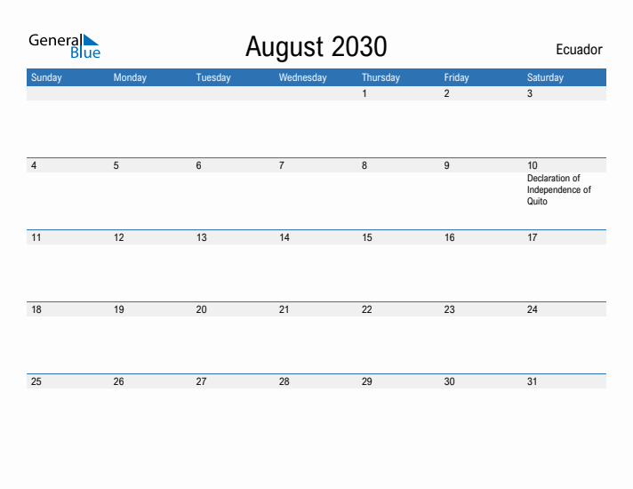 Fillable August 2030 Calendar