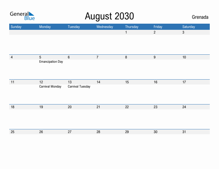 Fillable August 2030 Calendar