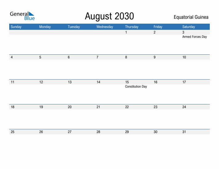 Fillable August 2030 Calendar