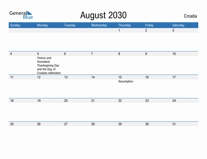 Fillable August 2030 Calendar