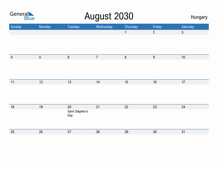 Fillable August 2030 Calendar