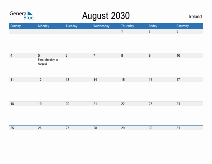 Fillable August 2030 Calendar