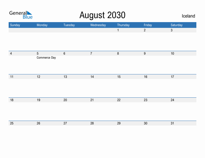 Fillable August 2030 Calendar