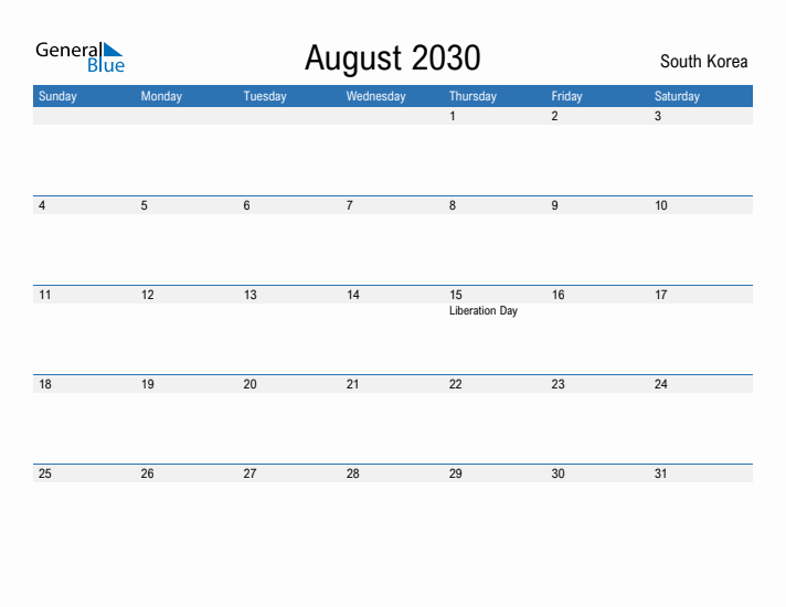 Fillable August 2030 Calendar