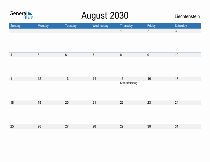 Fillable August 2030 Calendar