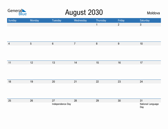 Fillable August 2030 Calendar