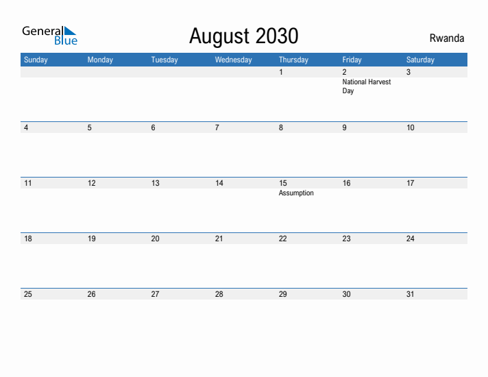 Fillable August 2030 Calendar